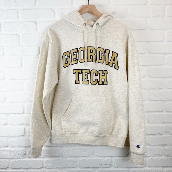 Champion Georgia Tech Cream Heathered front pocket Hoodie Gold Navy College M - Picture 1 of 6